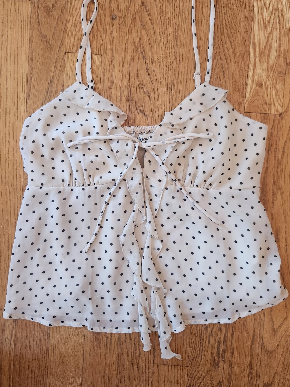 Francesca's Ivory Polka Dot Ruffle Tie-Front Camisole